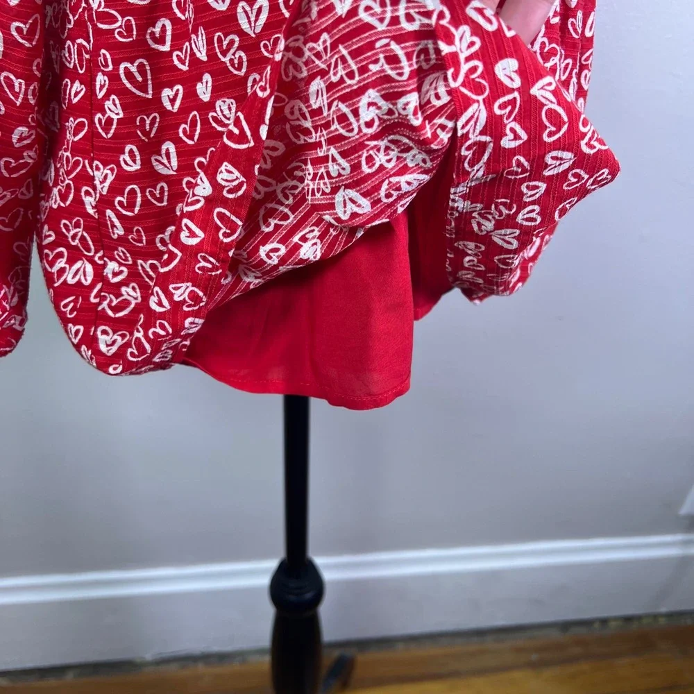 LOFT Petites Red White Heart Print Smocked Square Neck Long Sleeve Top Size 6P - Picture 5 of 10